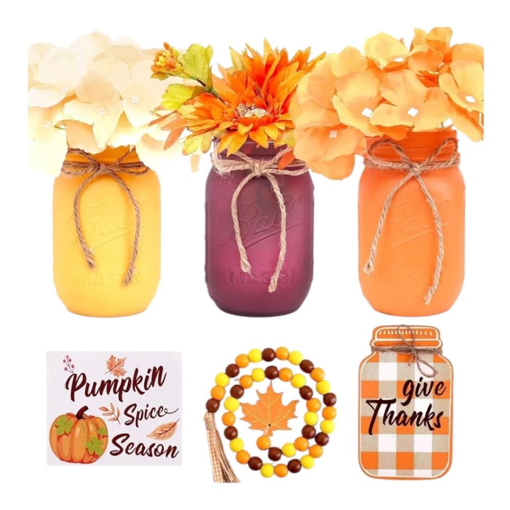 Autumn Mason Jar Centerpiece Set - Yellow, Purple, Orange. NWT.